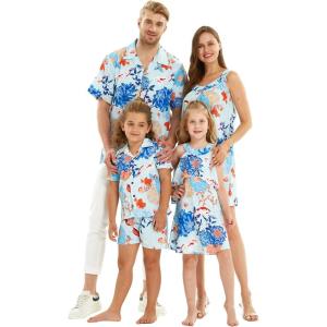 imageMatchable Family Hawaiian Luau Men Women Girl Boy Clothes in Flowering Koi BlueGirl Round Neck Shift