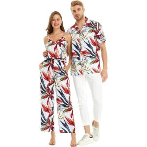 imageMatchable Couple Hawaiian Luau Shirt or VNeck Jumpsuit with Pockets in Garden at DawnMen Garden at Dawn