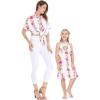 imageMatchable Hawaiian Luau Mother Daughter Women Tie Front Shirt or Girl Round Neck Dress in Pink White Hibiscus VineWomen Pink White Hibiscus Vine