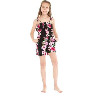 imageGirl Hawaiian Ruffle Top Jumpsuit Romper in Pink White Hibiscus VinePink Black Hibiscus Vine