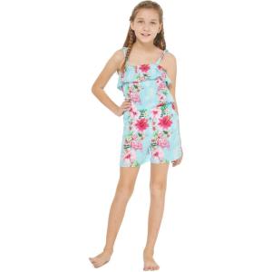imageGirl Hawaiian Ruffle Top Jumpsuit Romper in Pink White Hibiscus VinePink Turquoise Hibiscus Vine
