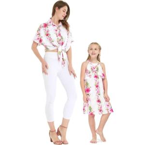 imageMatchable Hawaiian Luau Mother Daughter Women Tie Front Shirt or Girl Round Neck Dress in Pink White Hibiscus VineWomen Pink White Hibiscus Vine