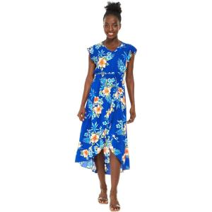 imageWomens Hawaiian Luau Wrap Ruffle Dress in Hibiscus VineHibiscus Blue