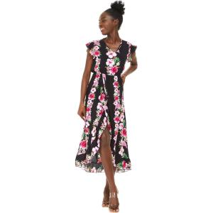 imageWomens Hawaiian Luau Wrap Ruffle Dress in Hibiscus VinePink Black Hibiscus