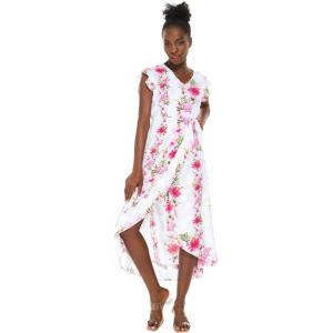 imageWomens Hawaiian Luau Wrap Ruffle Dress in Hibiscus VinePink White Hibiscus