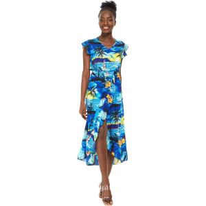 imageWomens Hawaiian Luau Wrap Ruffle Dress in Hibiscus VineSunset Blue