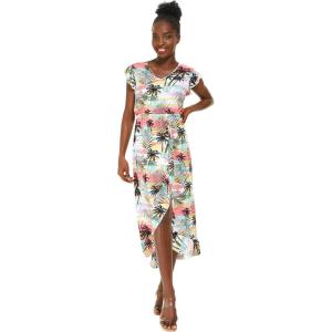imageWomens Hawaiian Luau Wrap Ruffle Dress in Hibiscus VineSunset Neon Pastel