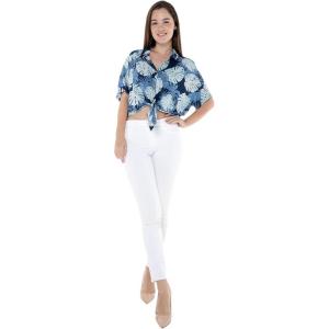 imageWomens Hawaiian Tie Front Crop Top Aloha Shirt in RafelsiaPacific Palm Navy