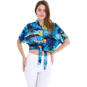 imageWomens Hawaiian Tie Front Crop Top Aloha Shirt in SunsetSunset Blue