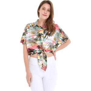 imageWomens Hawaiian Tie Front Crop Top Aloha Shirt in SunsetSunset Neon Pastel
