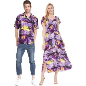 imageCouple Matching Hawaiian Luau Aloha Shirt Maxi Rahee Dress in Wispy Cereus Light BlueSunset Purple