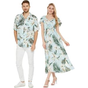 imageCouple Matching Hawaiian Luau Aloha Shirt Maxi Rahee Dress in Wispy Cereus Light BlueWispy Cereus Light Blue