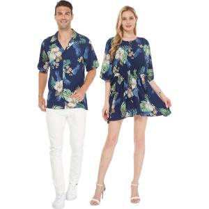 imageCouple Matching Hawaiian Luau Aloha Shirt Poncho Dress in Rafelsia Patterns 2 ColorsPineapple Garden Navy