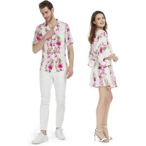 imageCouple Matching Hawaiian Luau Aloha Shirt Poncho Dress in Rafelsia Patterns 2 ColorsPink Hibiscus Vine