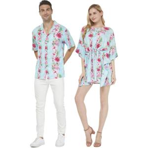 imageCouple Matching Hawaiian Luau Aloha Shirt Poncho Dress in Rafelsia Patterns 2 ColorsPink Turquoise Hibiscus Vine