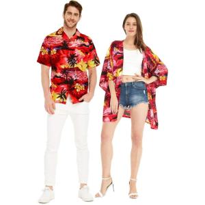 imageMatchable Couple Hawaiian Luau Shirt or Kimono in Sunset RedMen Sunset Red