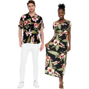 imageMatchable Couple Hawaiian Luau Shirt or Maxi Simple Dress in Black RafelsiaMen Black Rafelsia