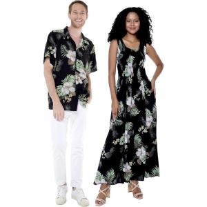 imageMatchable Couple Hawaiian Luau Shirt or Maxi Tank Dress in Pineapple Garden BlackWomen Pineapple Garden Black