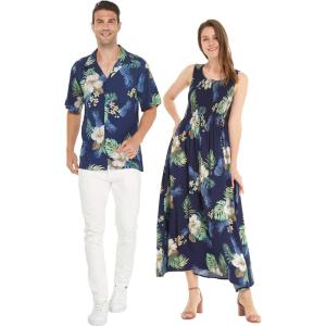 imageMatchable Couple Hawaiian Luau Shirt or Maxi Tank Dress in Pineapple Garden BlackWomen Pineapple Garden Navy