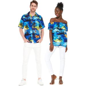 imageMatchable Couple Hawaiian Luau Shirt or OffShoulder Ruffle Muumuu Top in Sunset NeonMen Sunset Blue