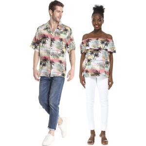 imageMatchable Couple Hawaiian Luau Shirt or OffShoulder Ruffle Muumuu Top in Sunset NeonMen Sunset Neon