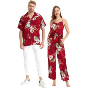 imageMatchable Couple Hawaiian Luau Shirt or VNeck Jumpsuit with Pockets in Pineapple Garden BurgundyMen Pineapple Garden Burgundy