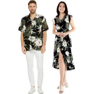 imageMatchable Couple Hawaiian Luau Shirt or Wrap Ruffle Dress in Wispy Cereus BlackMen Wispy Cereus Black