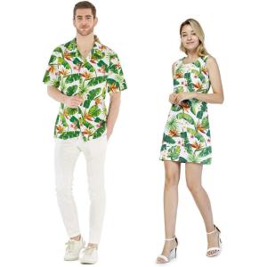 imageCouple Matching Hawaiian Luau Cruise Christmas Outfit Shirt Dress Flamingo in LoveBird of Paradise White