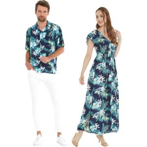imageMatchable Couple Hawaiian Luau Shirt or Rahee Maxi Dress in Orchid Breeze NavyMen Orchid Breeze Navy