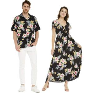 imageCouple Matching Hawaiian Luau Aloha Shirt Maxi Ruffle Sleeve Dress in HibiscusHibiscus Set Black