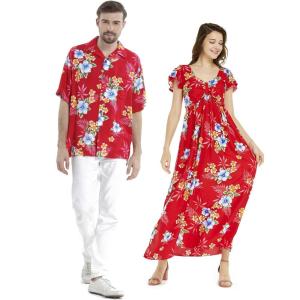 imageCouple Matching Hawaiian Luau Aloha Shirt Maxi Ruffle Sleeve Dress in HibiscusHibiscus Set Red