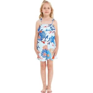 imageGirl Hawaiian Ruffle Top Jumpsuit Romper in Sunset Neon PastelFlowering Koi Blue