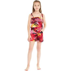 imageGirl Hawaiian Ruffle Top Jumpsuit Romper in Sunset Neon PastelSunset Red