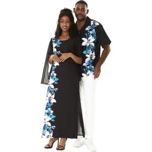 imageMatchable Couple Hawaiian Luau Men Shirt or Women Maxi Tank Dress with Sleeve in Watercolor Orchid Black TurquoiseWomen Watercolor Orchid Black Turquoise