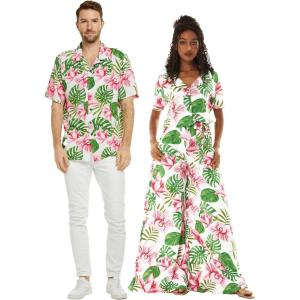 imageMatchable Couple Hawaiian Luau Shirt or Wide Legged with Pockets Jumpsuit in Lotus and OrchidMen Lotus and Orchid
