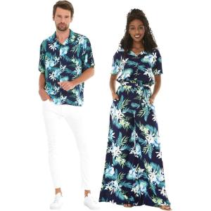 imageMatchable Couple Hawaiian Luau Shirt or Wide Legged with Pockets Jumpsuit in Orchid Breeze NavyMen Orchid Breeze Navy