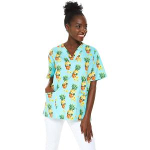 imageHawaiian Print Cotton 2 Pockets Scrub Top in Flamingo in LovePineapple Skull Turquoise