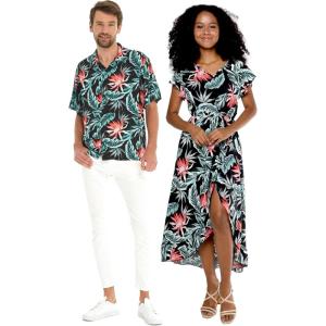 imageMatchable Couple Hawaiian Luau Shirt or Wrap Ruffle Dress in Blooming Lily BlackMen Blooming Lily Black