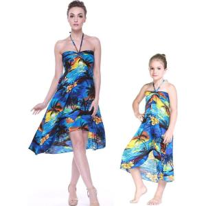 imageMatching Hawaiian Luau Mother Daughter Halter Dress in Sunset BlueSunset Blue