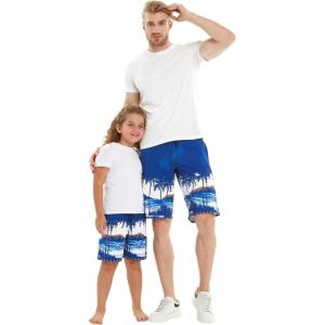 imageFather Son Matching Spandex Hawaiian Beach Board Shorts with Elastic Tie and Pocket in Diamond Head NavyBoy Navy