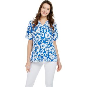 imageHawaiian Print Cotton 2 Pockets Scrub Top in Classic Hibiscus BlueClassic Hibiscus Blue