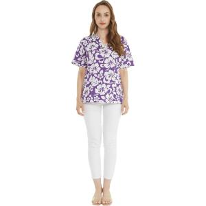 imageHawaiian Print Cotton 2 Pockets Scrub Top in Classic Hibiscus BlueClassic Hibiscus Purple