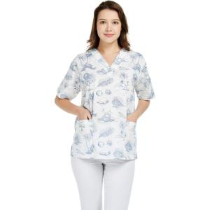 imageHawaiian Print Cotton 2 Pockets Scrub Top in Classic Hibiscus BlueVintage Tropical Toile