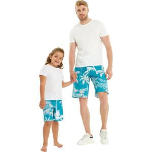 imageFather Son Matching Spandex Hawaiian Beach Board Shorts with Elastic Tie and Pocket in Blue Palms in GrayMen Blue