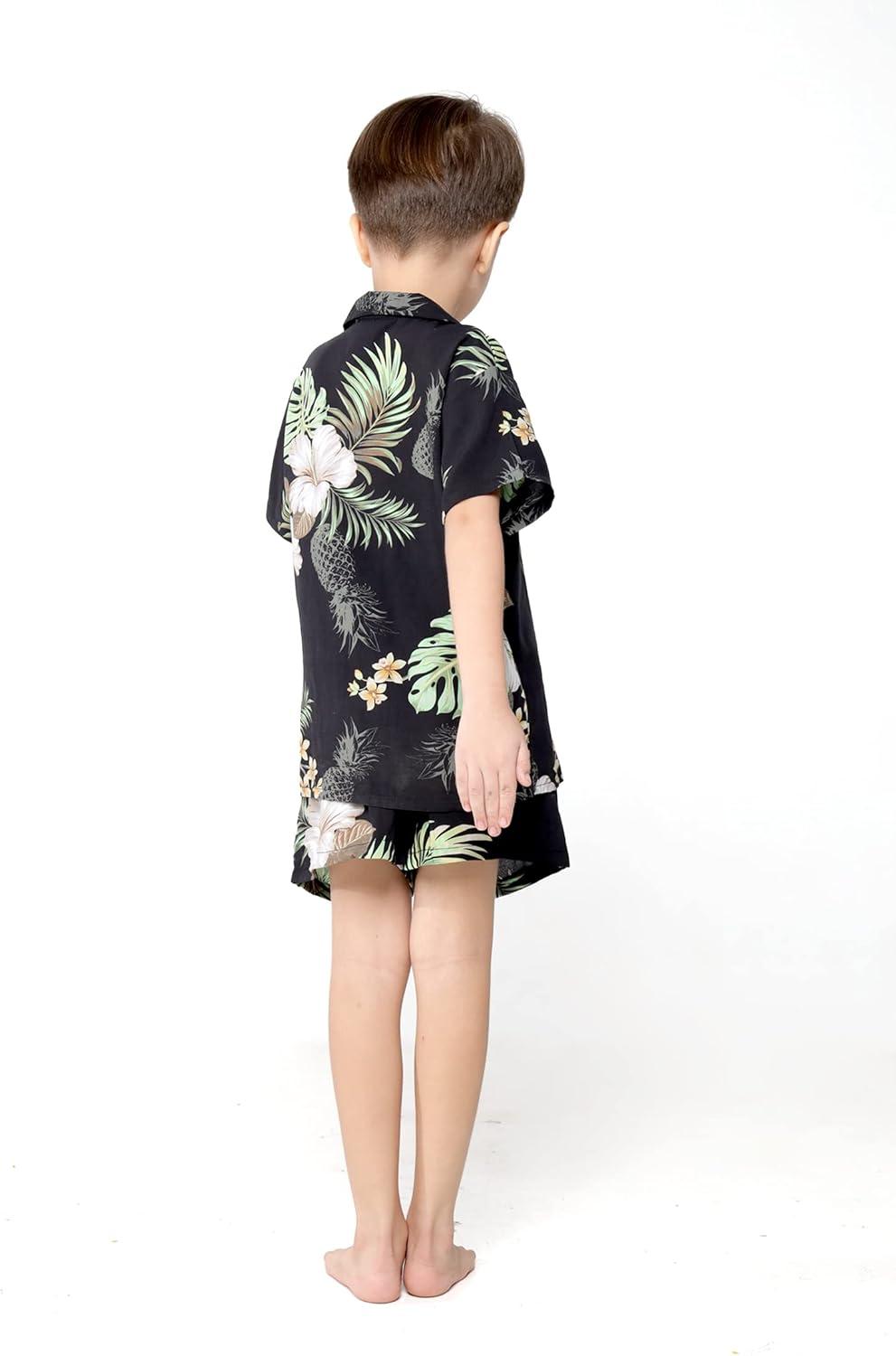 imageMatching Hawaiian Luau Sibling Boy Girl Romper Jumpsuit Aloha Shirt in Pineapple Garden BlackBoy Pineapple Garden Black