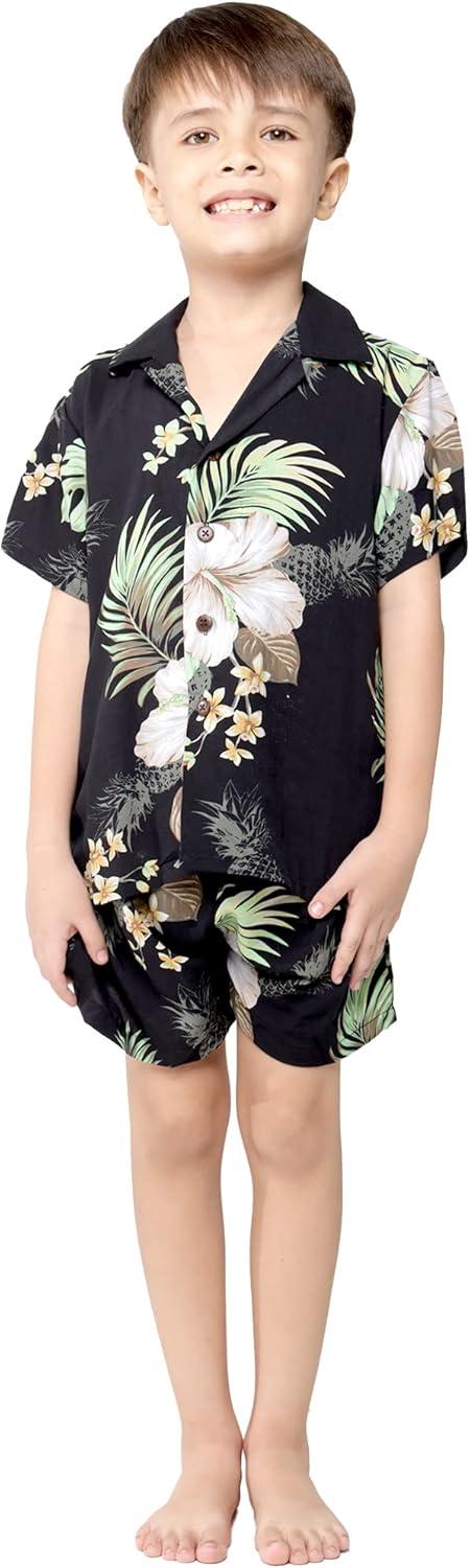 imageMatching Hawaiian Luau Sibling Boy Girl Romper Jumpsuit Aloha Shirt in Pineapple Garden BlackGirl Pineapple Garden Black