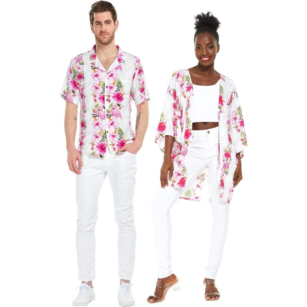 imageMatchable Couple Hawaiian Luau Shirt or Kimono in Pink Black Hibiscus VineWomen Pink White Hibiscus Vine