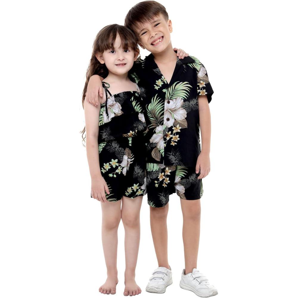 imageMatching Hawaiian Luau Sibling Boy Girl Romper Jumpsuit Aloha Shirt in Pineapple Garden BlackBoy Pineapple Garden Black