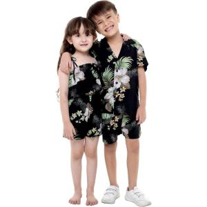 imageMatching Hawaiian Luau Sibling Boy Girl Romper Jumpsuit Aloha Shirt in Pineapple Garden BlackGirl Pineapple Garden Black