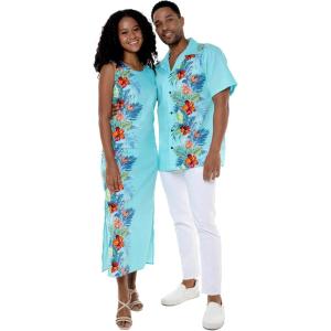 imageMatchable Couple Hawaiian Luau Men Shirt or Women Maxi Tank Dress in Orchid Paradise TurquoiseMen Red